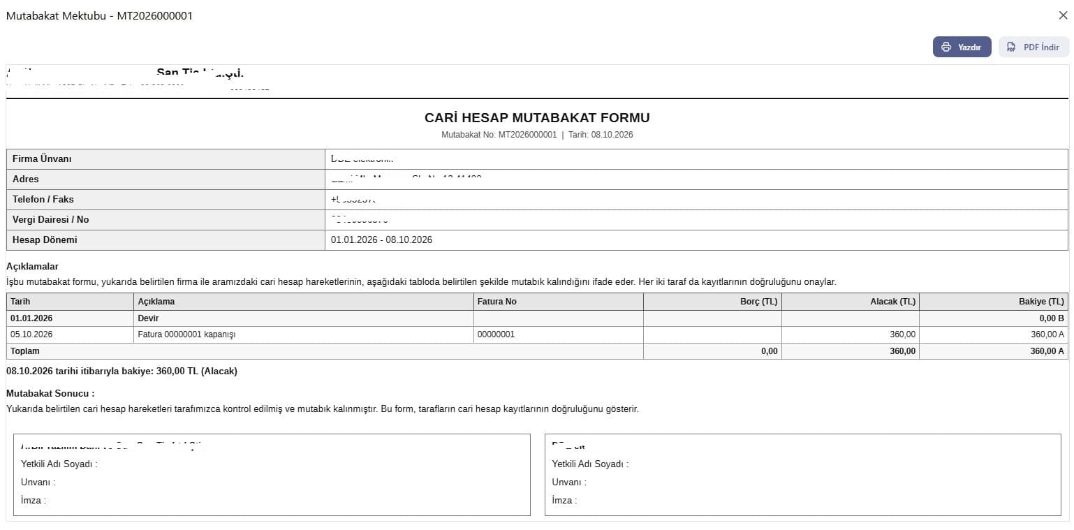 Cari mutabakat mektubu ekran görüntüsü